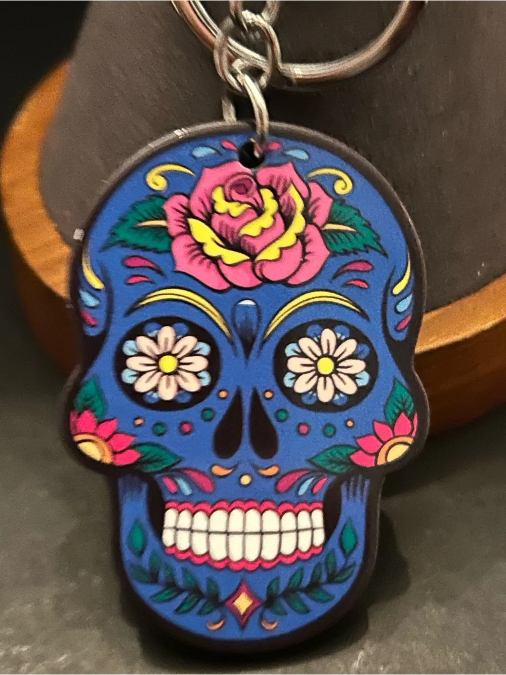 Colorful Floral Sugar Skull Acrylic Bag Charm Keychain in Assorted Colors NWT